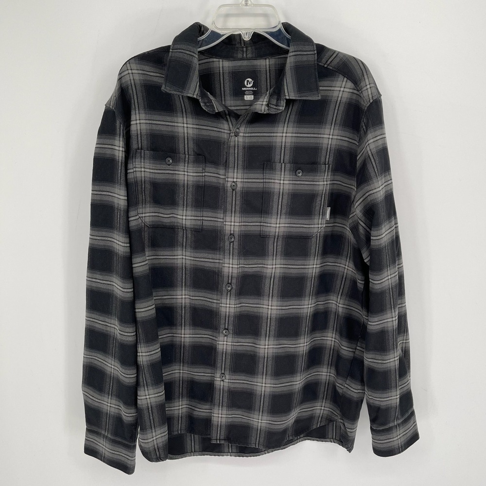 Merrell Men's Black Plaid Flannel Pockets Long Sleeve Button Down Shirt Size L